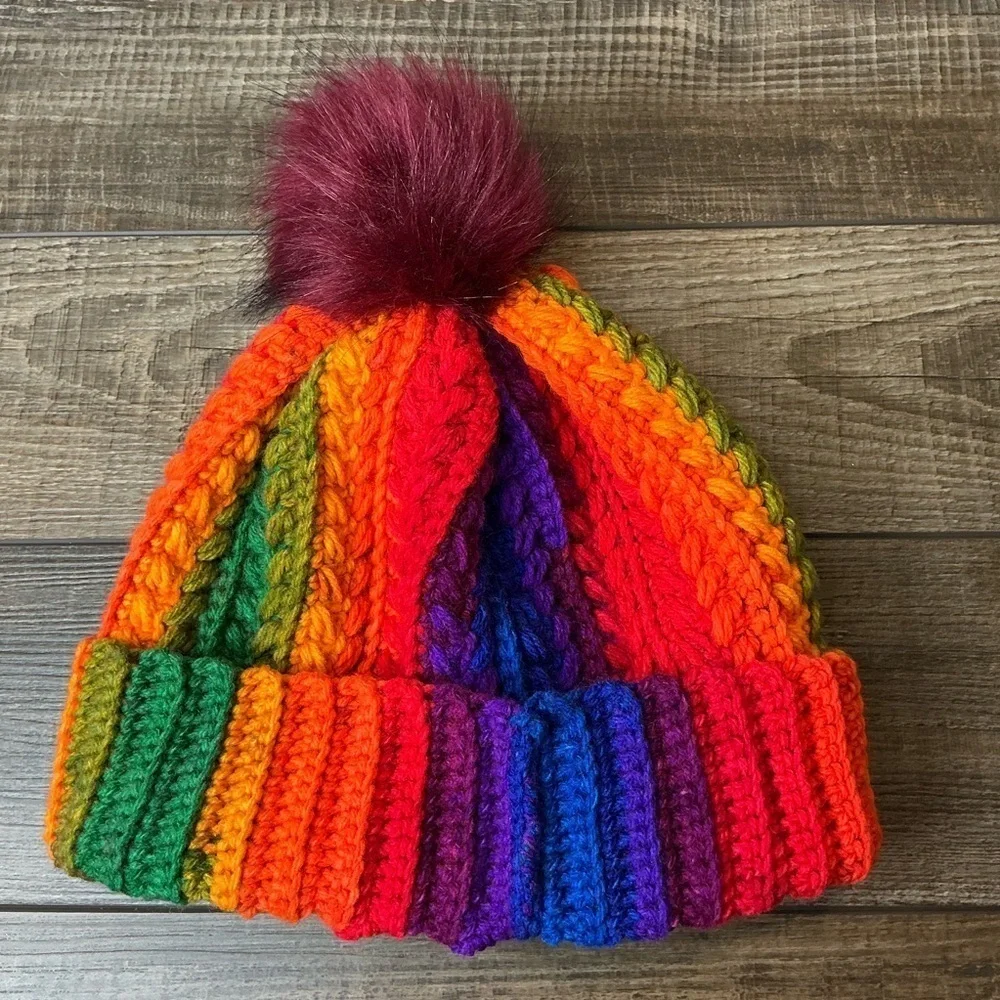 Handcrafted Crochet Multicolor Winter Hat Snowy Wheat Knit Beanie with Pom Pom